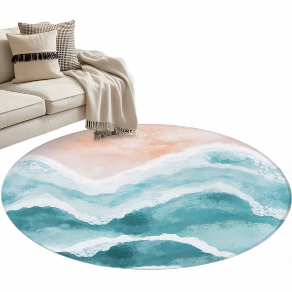 Aqua Coastal Beach Round Area Rug 4ft, Modern Oil Painting Nautical Washable Non-Slip Circle Rugs for Bedroom Living Room Kitchen, Soft Non Shedding Circle Carpet for Dining Room Dorm
