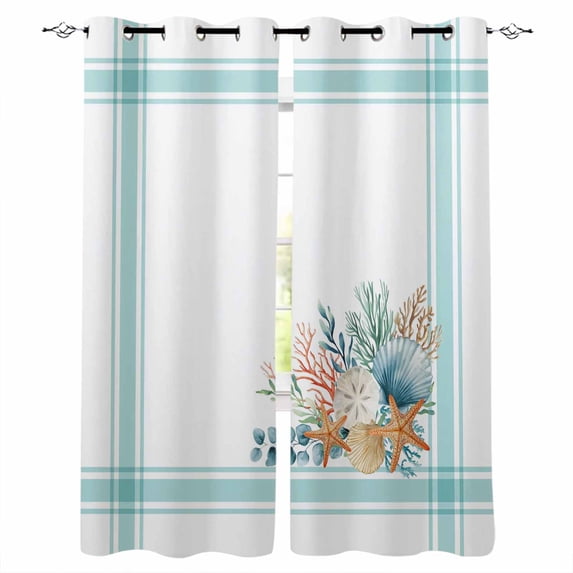 Aqua Coastal Blackout Curtains 84 Inches Long, Nautical Seashells Coral Leaves Stripes Thermal Insulated Black Out Curtains, Darkening Window Curtain Drapes for Bedroom Living Room 42"x84" 2 Panels