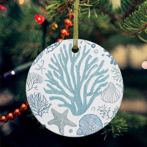 Aqua Coastal Ceramic Ornaments, Summer Nautical Starfish Beach Coral Round Porcelain Hanging Ornaments with Gold String, Xmas Decorations Keepsake Gifts for Holiday Home Party 3''