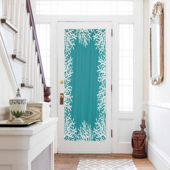 Aqua Coastal Coral Door Curtains for Door Window, French Sidelight Front Back Door Curtains With Tieback, White Ocean Marine Sea Nautical Beach Kitchen Rod Pocket Drapes Panel, 25"x72"