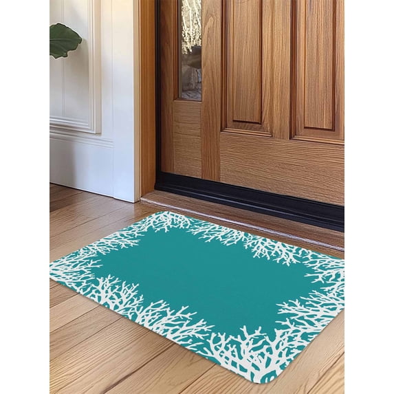 Aqua Coastal Coral Door Mat Indoor Outdoor Entrance,Non Slip Small Rug for Kitchen Bathroom Entryway Rug,White Ocean Marine Sea Nautical Beach Washable Doormat Floor Mat 18x30 Inch