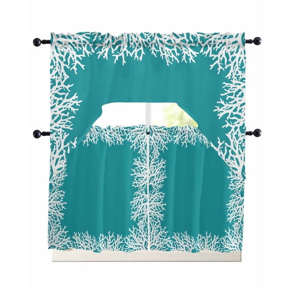 Aqua Coastal Coral Kitchen Curtain Set Swag Valance and Tier Curtains 24 Inch Length, White Ocean Marine Sea Nautical Beach Curtain Valance for Windows, Light Filter Drapes for Bedroom Bathroom