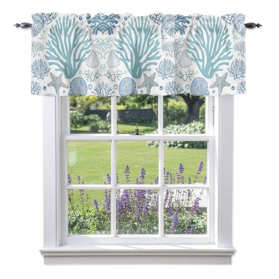 Aqua Coastal Kitchen Curtain Valances for Windows Farmhouse Short Curtains, Summer Nautical Starfish Beach Coral Rod Pocket Valance Curtain for Bedroom Cafe Living Room 42"x18"
