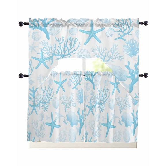 Aqua Coastal Kitchen Curtains Set for Windows 3 Piece Cafe Curtains 36 Inch Length Swag Curtains Valances and Tier Set Nautical Summer Beach Starfish Coral Drapes for Bedroom Bathroom Living Room