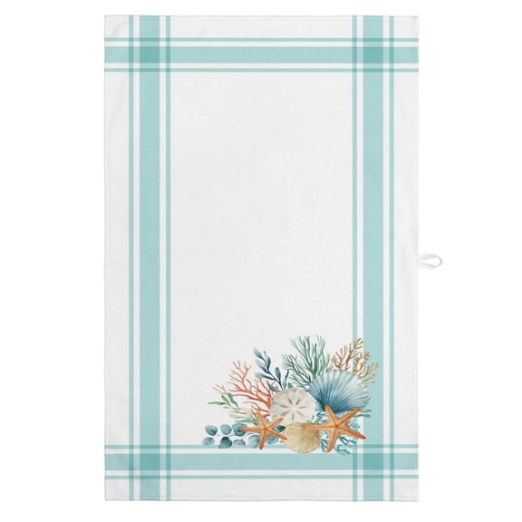 Aqua Coastal Kitchen Towels, Absorbent Microfiber Kitchen Dish Hand Tea Bath Towel, Nautical Seashells Coral Leaves Stripes Quick Dry Cleaning Cloth Dishclothes Decorative Sets, (1-PC, 18x28)