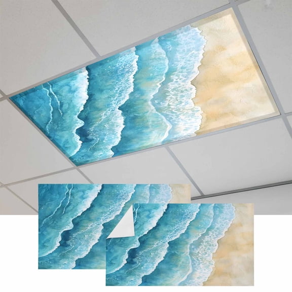 Aqua Coastal Magnetic Fluorescent Light Covers for Ceiling Lights 2 x 4 Feet, Nautical Summer Beach Ocean Beige Office Classroom Kitchen Drop Ceiling Light Covers Lighting Filters Shade Panel 2 Packs