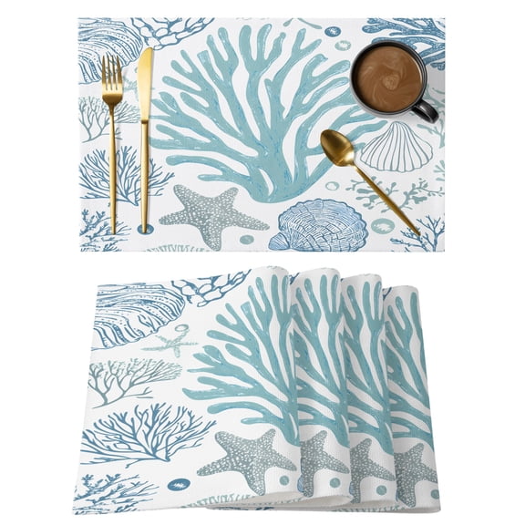 Aqua Coastal Placemats Set of 2, Cotton Linen Fabric Place Mats, Summer Nautical Starfish Beach Coral Washable Decorative Table Mats Protector for Home Kitchen Dining Wedding Party Coffee Tables