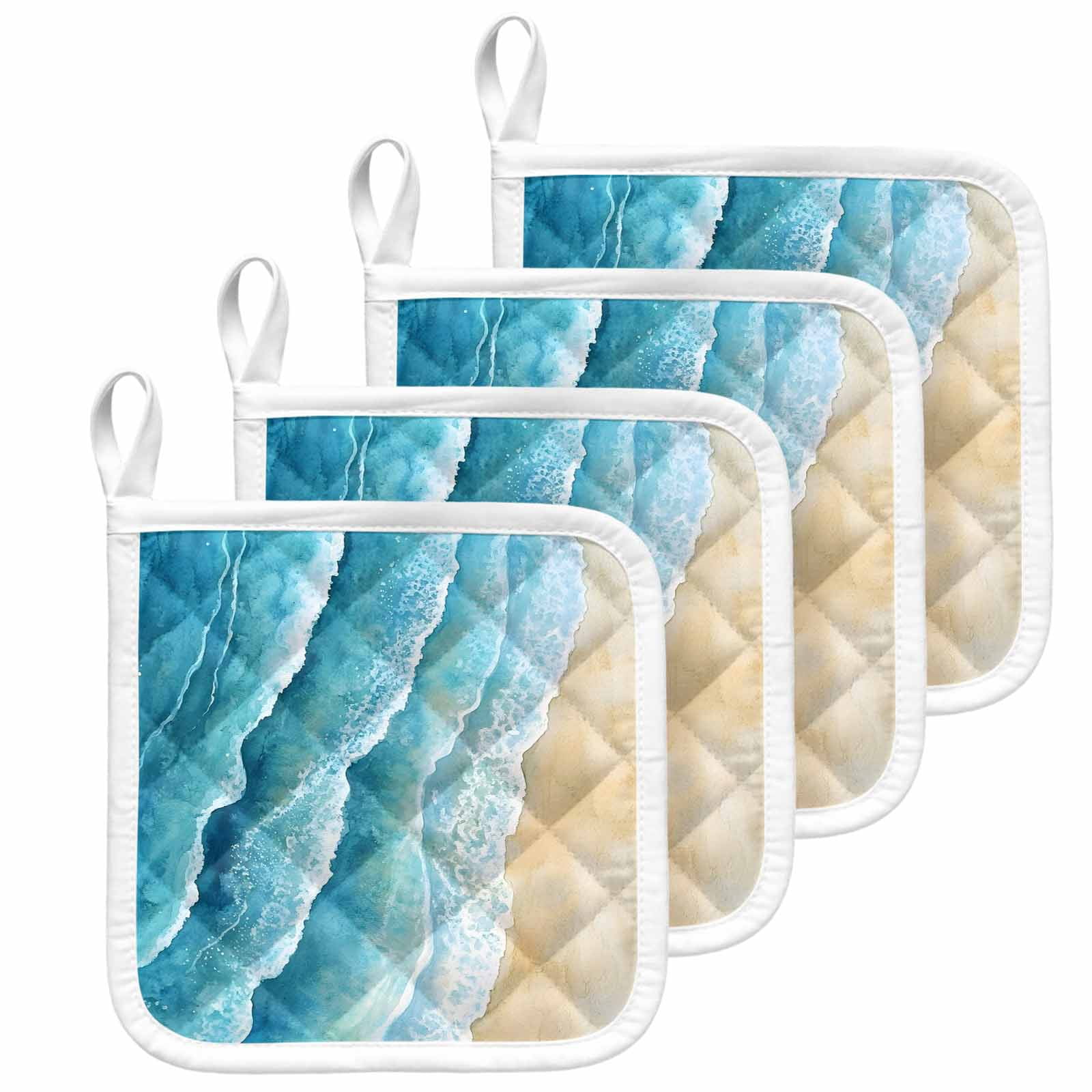 Aqua Coastal Pot Holders for Kitchen Heatproof Potholder, 4 Pack Nautical Summer Beach Ocean Beige Hot Pads Multipurpose Oven Pads Cloth Potholders Trivet for Cooking and Baking