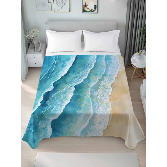 Aqua Coastal Queen Size Flat Sheet, Wrinkleproof & Fadeproof Cooling Flat Bed Sheet Only, Nautical Summer Beach Ocean Beige Breathable Soft Bedding Top Sheets 90 x 102 Inches