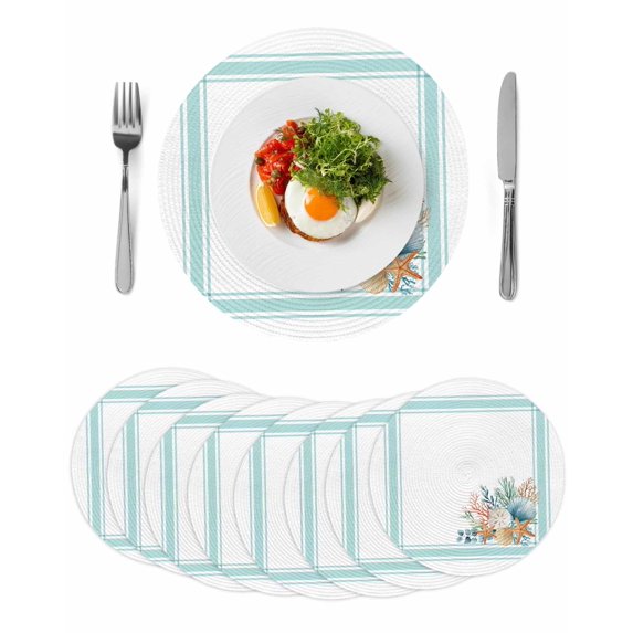 Aqua Coastal Round 15 Inch Placemats Set of 8, Nautical Seashells Coral Leaves Stripes HeatResistant Non Slip Place Mats for Dining Table, Wipeable Braided Kitchen Table Mats for Housewarming