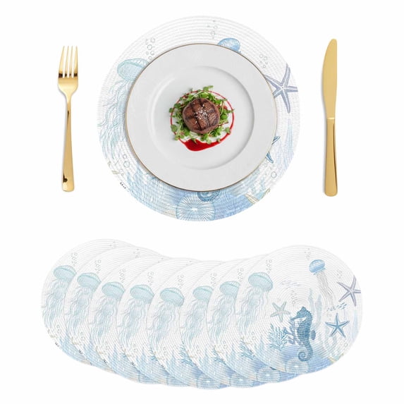 Aqua Coastal Round 15 Inch Placemats Set of 8, Summer Ocean Coral Jellyfish Seahorse Starfish HeatResistant Non Slip Place Mats for Dining Table, Wipeable Braided Kitchen Table Mats for Housewarming