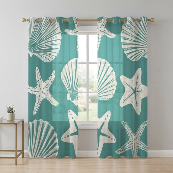 Aqua Coastal Sheer Curtains 84 Inch Long 2 Panels, Starfish Shell Ocean ... - Coastal Shell Lighting