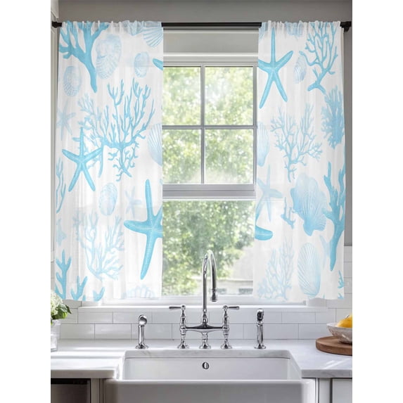 Aqua Coastal Sheer Curtains for Living Room Bedroom Nautical Summer Beach Starfish Coral Sheer Curtains 72 Inch Long 2 Panels Set Light Filtering Curtain Window Treatments Drapes for Dining Room