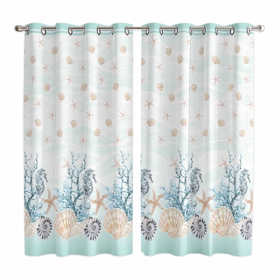 Aqua Coastal Shell Kitchen Curtains 63 Inch Length, Nautical Coral Starfish Seahorse Grommet Top Bedroom Living Room Curtains, Light Filtering Cafe Curtain Drapes 2 Panels Set 84''x63''