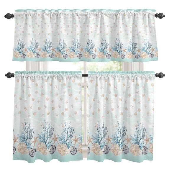 Aqua Coastal Shell Kitchen Curtains Sets for Windows 36 Inch Length, Nautical Coral Starfish Seahorse Rod Pocket Window Treatments Tier Curtains and Valances Set for Bedroom/Bathroom