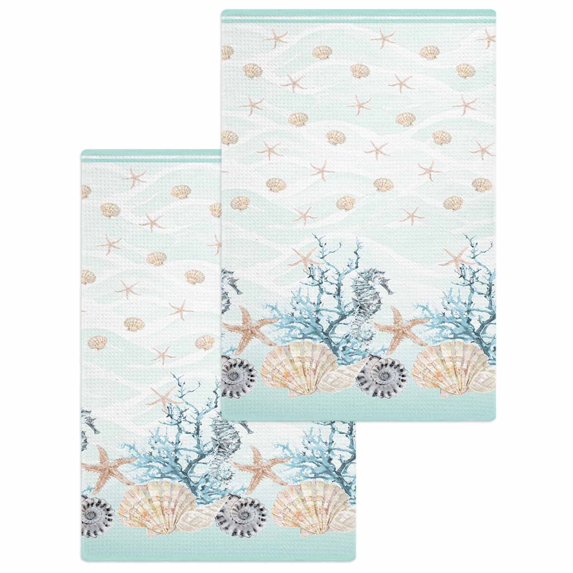 Aqua Coastal Shell Kitchen Dish Towels for Drying Dishes Set of 2, Nautical Coral Starfish Seahorse Waffle Weave Microfiber Hand Tea Bathroom Towels Quick Dry & Absorbent Towel 15.7x23.6