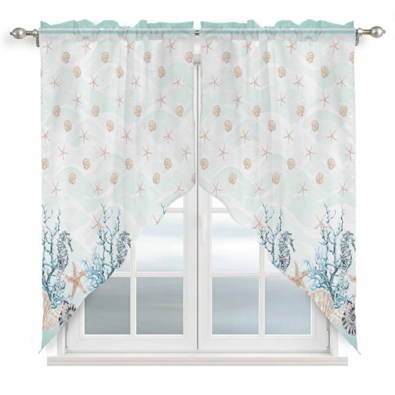 Aqua Coastal Shell Kitchen Window Curtains, Swag Curtains Valance for Bedroom Living Room Bathroom, Nautical Coral Starfish Seahorse Rod Pocket Window Treatment Curtain Block Drapes 2 Panels 36"x45"
