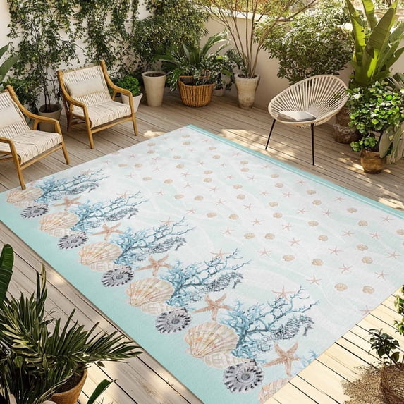 Aqua Coastal Shell Outdoor Rug 3x5 Ft - Reversible Patio Rug Outdoor Camping Rugs, Nautical Coral Starfish Seahorse Washable Indoor Outdoor Area Rugs, Non-Slip Outdoor Carpet Runner for Deck/Porch