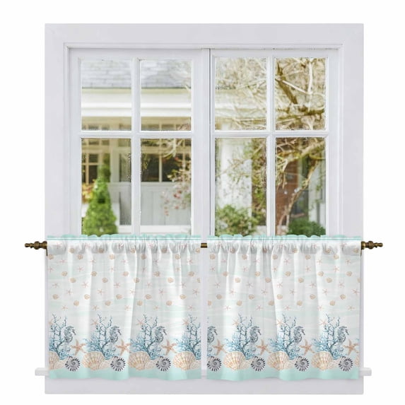 Aqua Coastal Shell Tier Curtains, Nautical Coral Starfish Seahorse Light Filtering Kitchen Curtains, 2Pcs Rod Pocket Half Window Treatments Panels for Sink Cafe Cabinet Camper 27.5x36 Inches