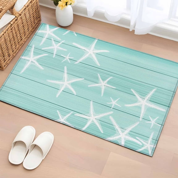 Aqua Coastal Starfish 2'x3' Rug for Entryway Front Door Kitchen Sink Area, Summer Beach Nautical Ocean Wood Striped Low Pile Washable Non Slip Rectangle Area Rug