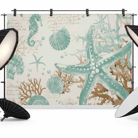 Aqua Coastal Starfish Backdrop for Photoshoot,Photography Photo Studio Background Wall Backdrop,Farmhouse Nautical Seahorse Coral Back Drop Banner Panel for Portraits Wedding Live Streaming 7x5Ft