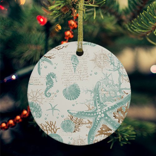 Aqua Coastal Starfish Ceramic Ornaments, Farmhouse Nautical Seahorse Coral Round Porcelain Hanging Ornaments with Gold String, Xmas Decorations Keepsake Gifts for Holiday Home Party 3''