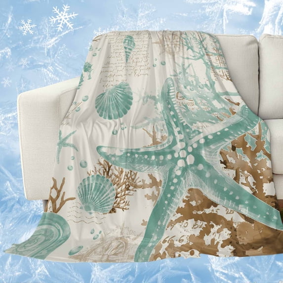 Aqua Coastal Starfish Cooling Blanket,Lightweight Breathable Summer Throw Blanket with Double Sided Cold Effect,Farmhouse Nautical Seahorse Coral Picnic Blankets Bed Sheet for Hot Sleepers 50"x60"