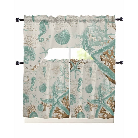 Aqua Coastal Starfish Kitchen Curtains Set for Windows 3 Piece Cafe Curtains 36 Inch Length Swag Curtains Valances and Tier Set Farmhouse Nautical Seahorse Coral Drapes for Bedroom Bathroom