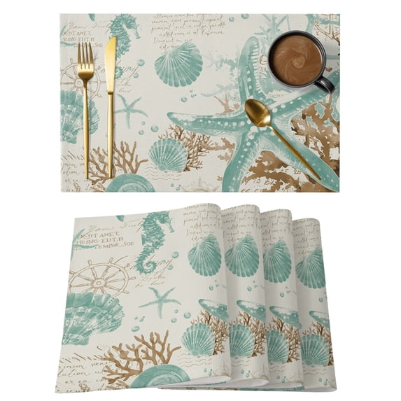 Aqua Coastal Starfish Placemats Set of 2,Cotton Linen Fabric Place Mats,Farmhouse Nautical Seahorse Coral Washable Decorative Table Mats Protector for Home Kitchen Dining Wedding Party Coffee Tables
