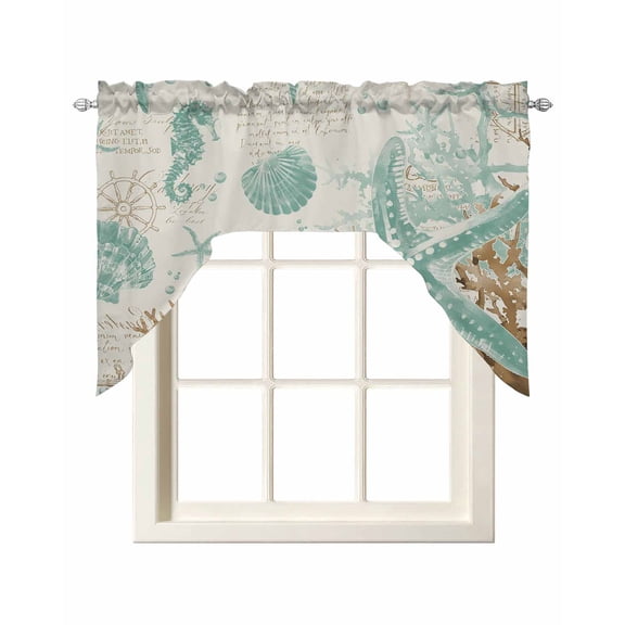 Aqua Coastal Starfish Swag Curtains for Kitchen Farmhouse Nautical Seahorse Coral Valances for Windows Rod Pocket Small Window Treatment Short Topper for Cafe Bedroom Bathroom Decor 56x36 Inch