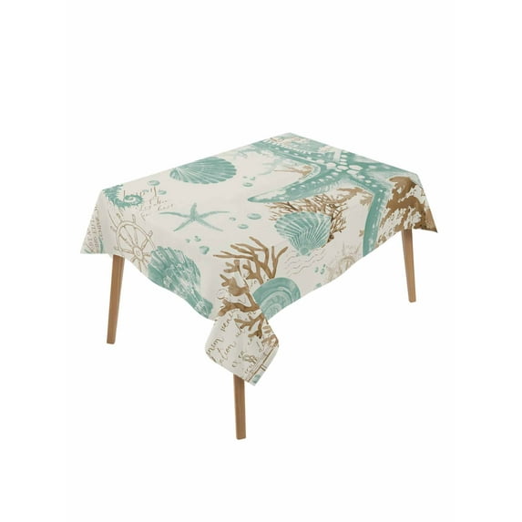 Aqua Coastal Starfish Table Cloth, Farmhouse Nautical Seahorse Coral Waterproof Tablecloth for Rectangle Tables, Reusable Washable Fabric Table Cover for Restaurant Kitchen Dining Tables 52"x70"