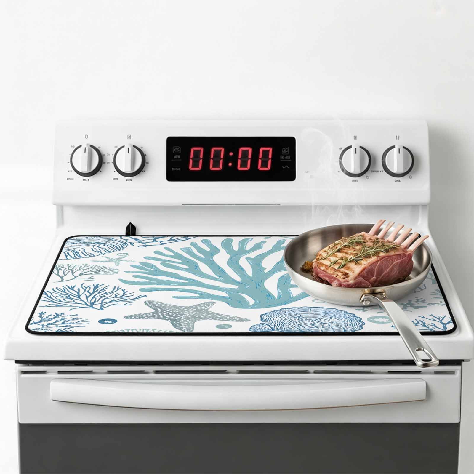 Aqua Coastal Stove Top Cover for Electric Stove, Heat-proof & Non Slip Glass Top Stove Cover Protector, Summer Nautical Starfish Beach Coral Kitchen Flat Cooktop Rubber Mat 24x21 Inches