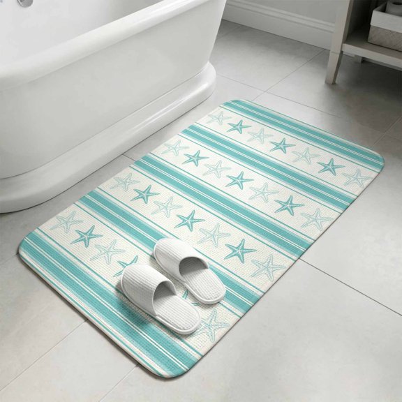 Aqua Coastal Striped Bathroom Rugs Non Slip Washable Bath Mat Absorbent Low Pile Front Door Mat Modern Nautical Thin Stripes Indoor Doormat for Kitchen Entryway Shower Decor Accessories 15.7"x23.6"