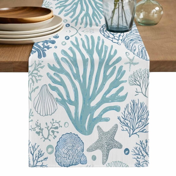 Aqua Coastal Table Runner, Summer Nautical Starfish Beach Coral Washable Cotton Linen Table Runners 36 Inches Long, Dresser Scarf Runner for Nightstand/End Tables/Round Tables 13''x36''