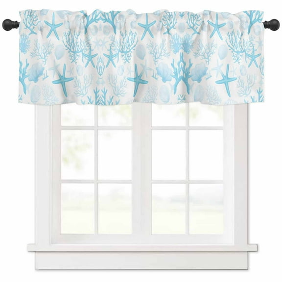 Aqua Coastal Valances for Windows Farmhouse Kitchen Curtains Valances Rod Pocket Valance Curtains for Kitchen Windows Nautical Summer Beach Starfish Coral Window Valances for Bathroom Bedroom 54"x18"