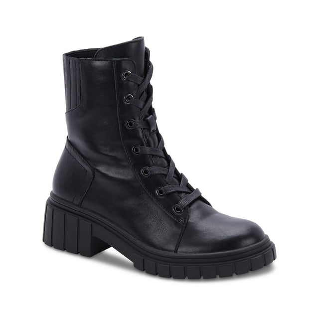 AQUA Womens Black Pull Tab Lug Sole Lace Quinn Round Toe Block Heel Lace-Up Leather Combat Boots M