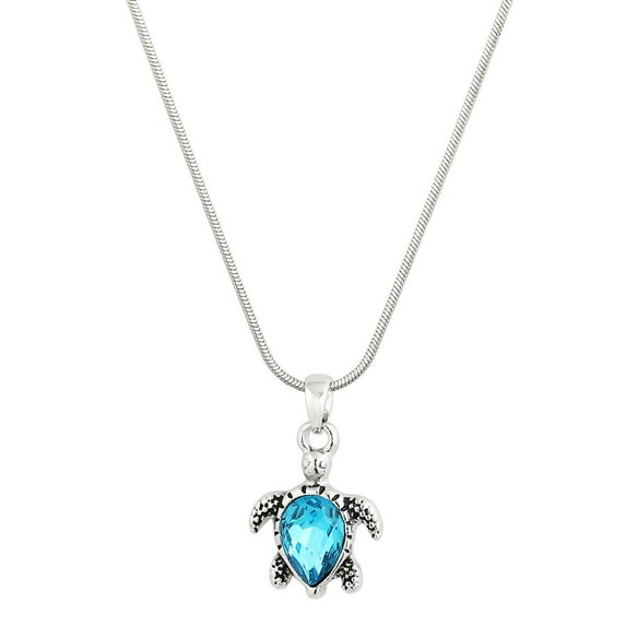 Aqua Color Sea Turtle Pendant Necklace Earring Rhinestone Crystal Rhodium Plated 17 Inch Snake Chain J1179-AQ