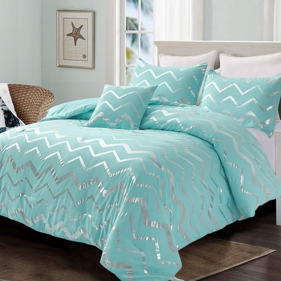 Aqua Comforter Set Twin XL Size Teal and Silver Bed Comforter 3 Piece Lightweight Microfiber Bedding for Teen Girls Boys (2 Pillow Cases + 1 Decorative Pillow Sham)