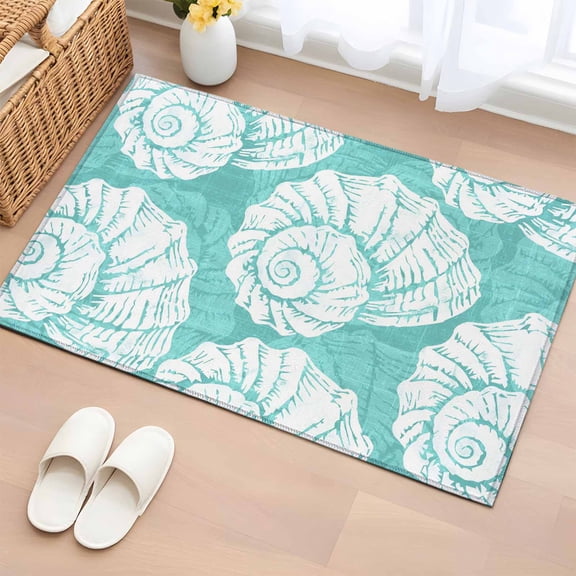 Aqua Conch 2'x3' Rug for Entryway Front Door Kitchen Sink Area, Coastal Summer Ocean Beach Nautical Modern Low Pile Washable Non Slip Rectangle Area Rug