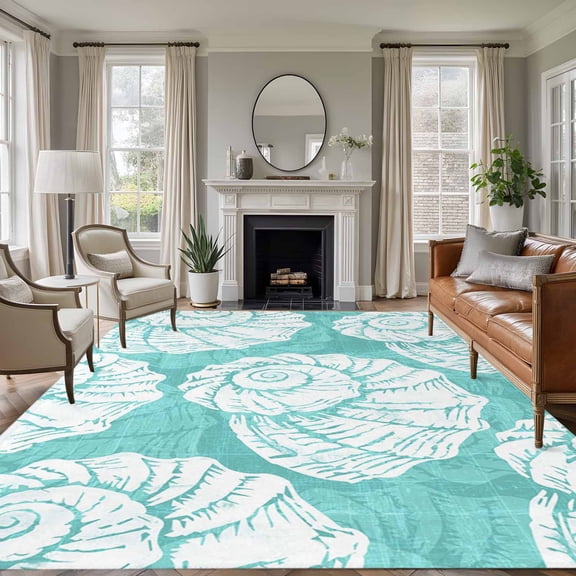 Aqua Conch 8'x10' Large Area Rug for Living Room Sectional Sofa, Coastal Summer Ocean Beach Nautical Modern Washable Non Slip Low Pile Rectangle Area Rug