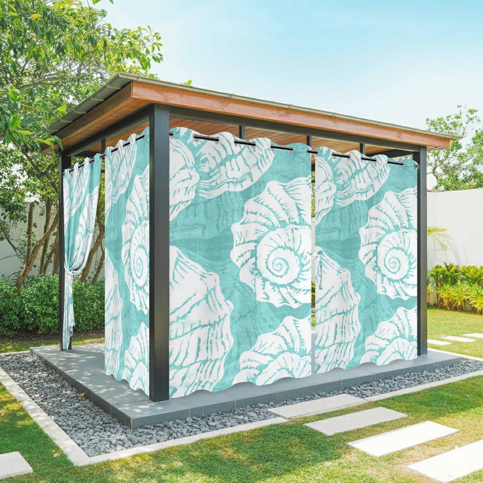 Aqua Conch Outdoor Curtains for Patio, Coastal Summer Ocean Beach Nautical Modern Sunshade Privacy Drapes Grommet Waterproof Outside Curtains for Porch/Cabana/Balcony 54"x 108", 1 Panel