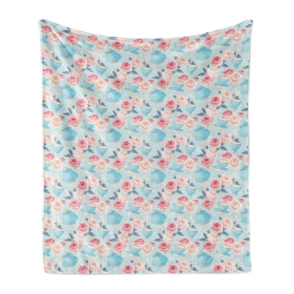 Aqua and Coral Soft Flannel Fleece Throw Blanket, Vintage Blue Shaded Teapots with Dots and Thriving Romantic English Roses, Cozy Plush for Indoor and Outdoor Use, 50" x 60", Multicolor, by Ambesonne