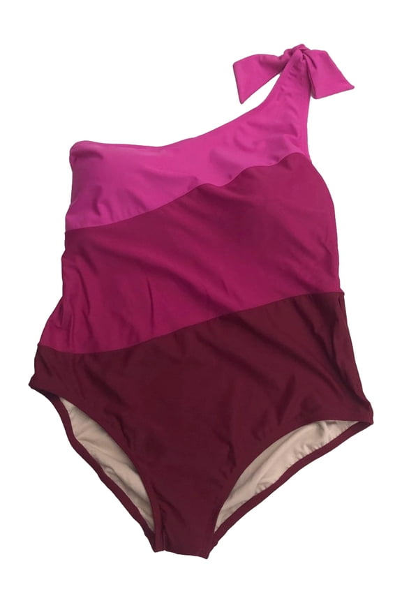 Womens Plus Pink Color Block 1pc Asymmetrical Swimming Swim Suit 2X
