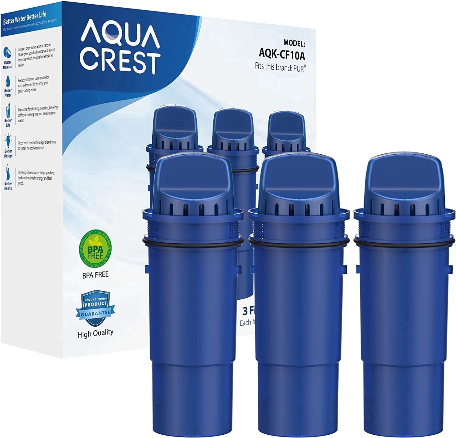 AQUA CREST CF10A Water Filter Replacement for Pur® Plus Pitcher Water Filter, CRF950Z, PPF951K, PPF900Z, PPT700, PPT111, CR1100, DS1800 and All Pur® Pitchers and Dispensers, NSF Certified, 3 Pack