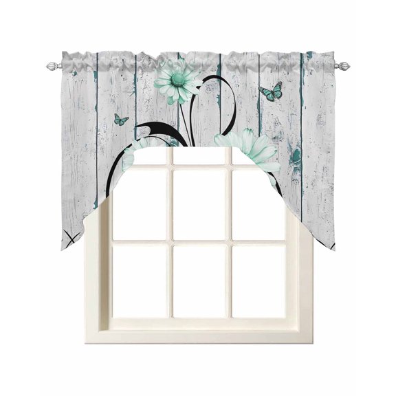 Aqua Daisy Swag Valances for Windows, Small Curtains Drapes, Rustic Butterfly Floral Gray Wooden Grain Kitchen Window Curtains Over Sink Window Treatment Valance for Bedroom/Bathroom 56"x36"