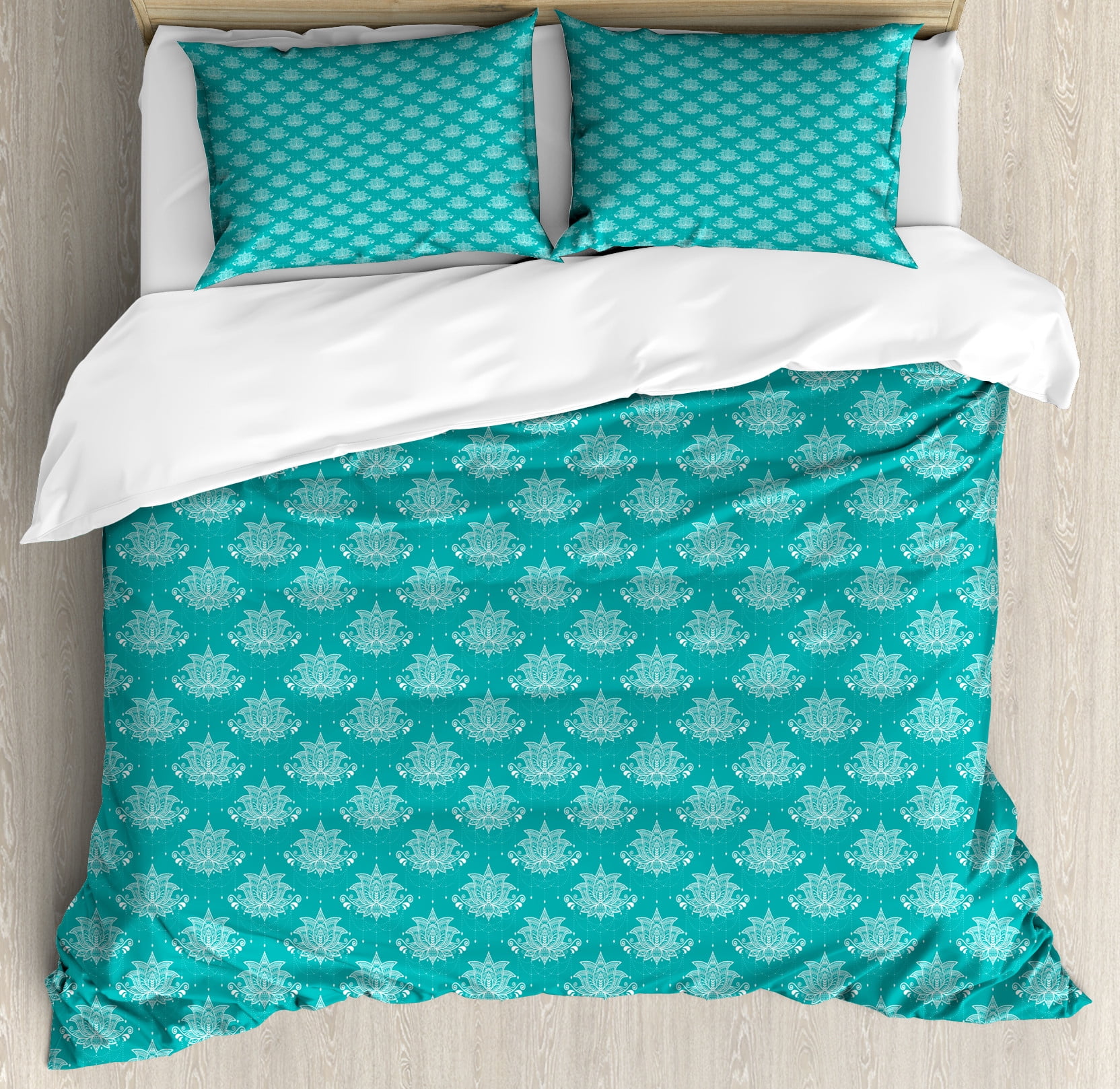 Aqua Damask Duvet Cover Sets, Lotus Flower Mandala Inspired Lace Look