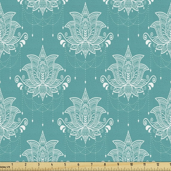 Ambesonne Aqua Damask Fabric by the Yard Upholstery, Oriental Lace Lotus, 5 Yards, Dark Seafoam White