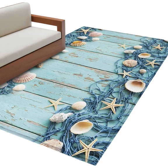 Aqua Deck Coastal Area Rug 4x6 Washable Rug Non Slip Summer Beach Starfish Conch Fishing Net Large Area Rug Indoor Carpet for Entryway Bedroom Kitchen Living Room Home Office Dining Room Nursery