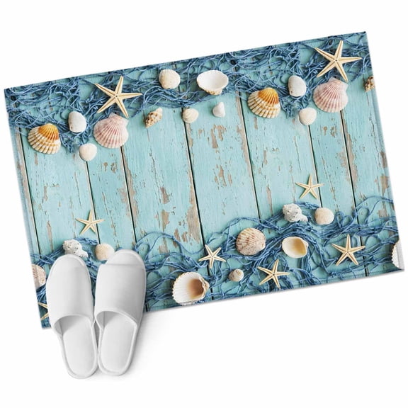 Aqua Deck Coastal Bathroom Rug Washable 2x3 Entryway Rug Non Slip Summer Beach Starfish Conch Fishing Net Front Door Mat Low Pile Indoor Doormat Throw Floor Carpet for Kitchen Bedroom Entrance