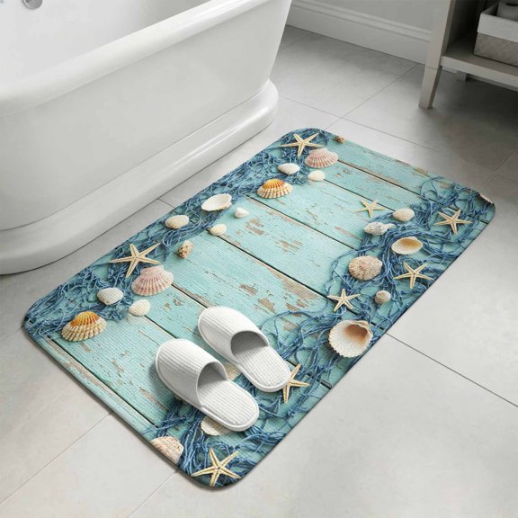 Aqua Deck Coastal Bathroom Rugs Non Slip Washable Bath Mat Absorbent Front Door Mat Summer Beach Starfish Conch Fishing Net Indoor Doormat for Kitchen Entryway Shower Decor Accessories 15.7"x23.6"